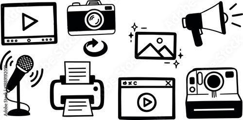 Black line art icons set showing video player camera microphone printer megaphone and photo gallery symbols on white background