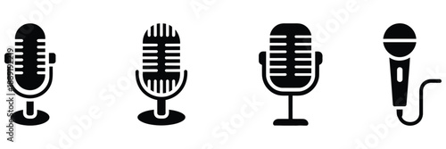 Microphone icon set, black vector icons, mic and voice recorder concept symbols, simple and modern microphone logo illustrations for audio, music, podcasting, recording, and communication design
