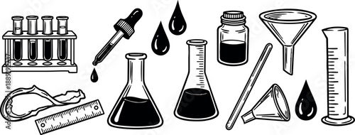 Black and white hand drawn scientific laboratory equipment set with test tubes flasks pipette ruler and measuring cylinder