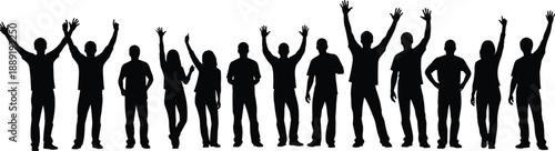 Cheering crowd silhouette collection with people raising hands in celebration, unity and success concept, group teamwork poses set, flat vector illustration