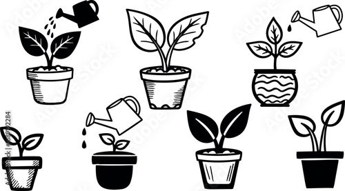 Black and white line art illustration of potted plants being watered with varying watering cans and styles simple garden care icons