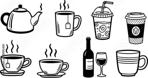 Black line art coffee cups teapot glass of wine hot beverage outlines collection with steam rising