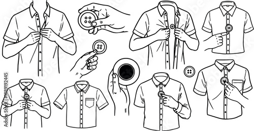 Step by step illustrated guide demonstrating buttoning and unbuttoning casual shirt with close up hand actions and front views