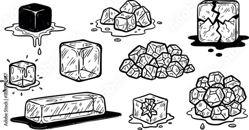 Hand drawn black and white sketch of various ice cubes melting and stacked from different angles detailed illustration