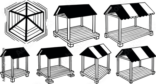 Black and white line art illustrations of multiple market stalls with different roof styles and side panels front view