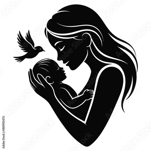 Mother holding newborn baby silhouette with flying bird on transparent background happy motherhood and parental care symbol for nursery decor greeting card feminine family bonding art