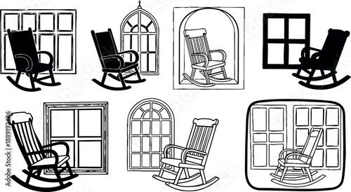 Black line art rocking chairs in various window frames with vintage style hand drawn illustration collection