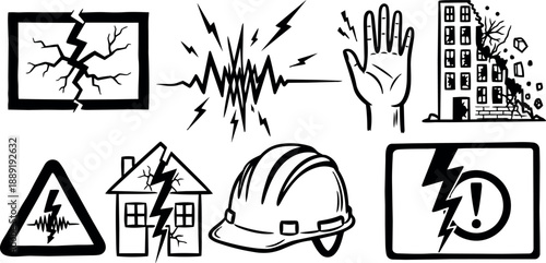 Black and white line art construction hazard icons with cracked wall and safety helmet warning signs in safety communication