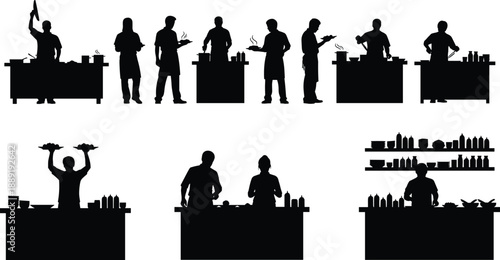 Chef silhouettes collection showing professional cooks preparing food at kitchen counters cooking serving meals isolated flat vector illustration