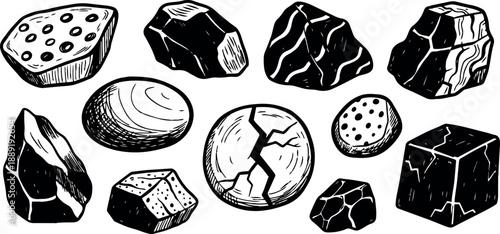 Black and white hand drawn sketch of various rocks and minerals in isolated composition