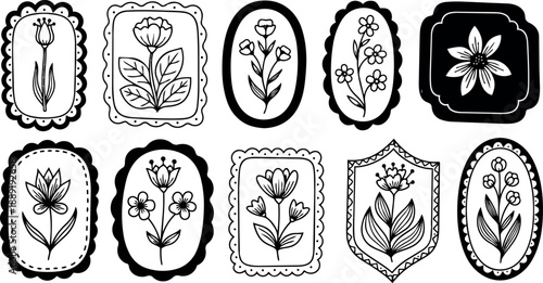 Black and white line art collection of nine floral designs framed with decorative shapes in vintage style illustration