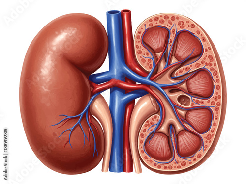 Human kidney anatomy with blood vessels and ureter  detailed medical illustration
