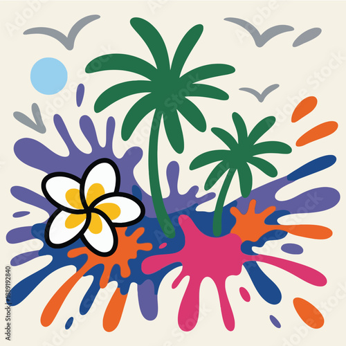 Tropical palm trees and plumeria flower with colorful splashes