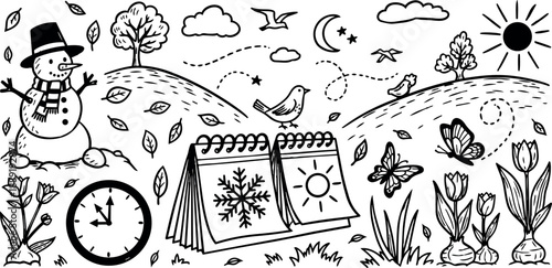 Black and white ink drawing depicting seasonal calendar with snowman autumn leaves and spring flowers landscape scene