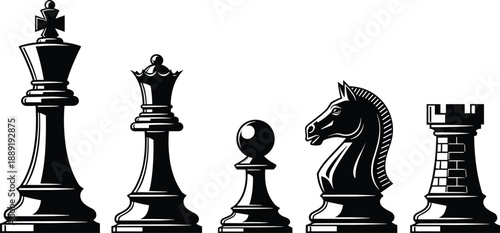 Chess pieces silhouettes set featuring king, queen, knight, rook, and pawn symbols for strategy, intelligence, and classic board game vector illustration