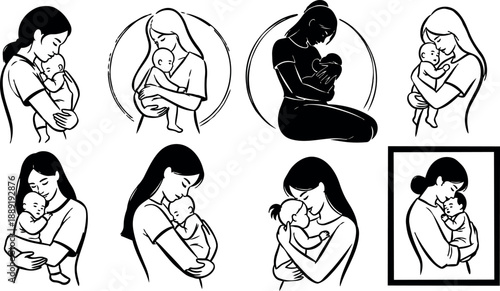 Black and white silhouette illustration of mother breastfeeding baby in various poses and framed portrait style depiction