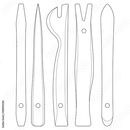 Vector illustration of automotive interior repair tools. Isolated on white. Black line design. Tool set.