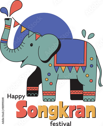 Cartoon elephant spraying water with Songkran festival text