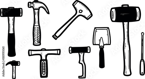 Black and white hand drawn assortment of various tools including hammers chisels trowel and mallet illustration