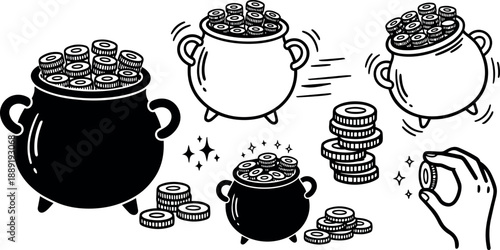 Black and white line art illustration of cauldrons overflowing with coins and hand placing coin with sparkling effect