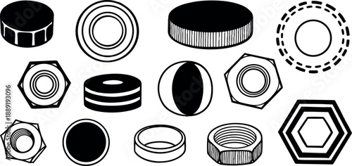 Black and white sketch of various nuts and washers circular hexagonal shapes technical illustration detailed line art drawing