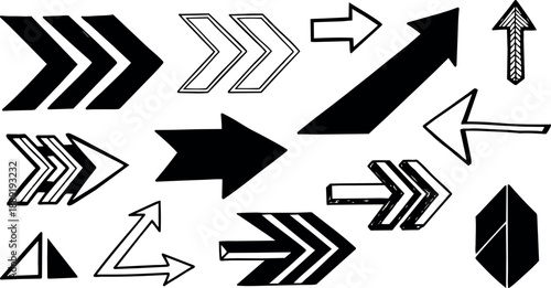 Flat design arrow icon set close up showing varied black stencil arrows in high contrast graphic collage for signage and vector assets