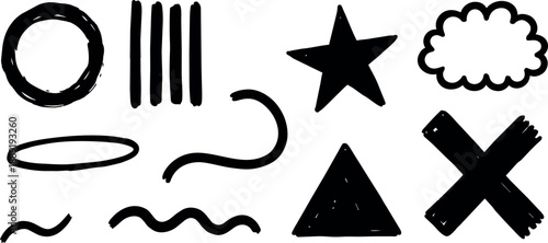 Black hand drawn symbol set with star circle triangle cloud cross and wavy lines on white background