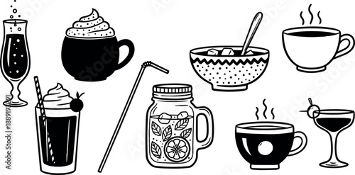 Black and white line art illustration of various hot and cold drinks including coffee cocktails and tea cups in simple style