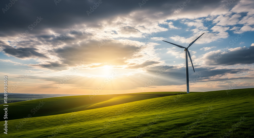 Fototapeta premium Sunset over Verdant Hills and Solitary Wind Turbine
