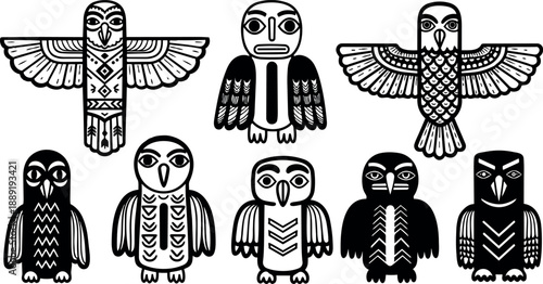 Black and white tribal style cartoon owl vector set with symmetrical wing spread and frontal perched poses