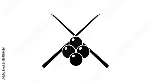 Crossed Billiard Cues and Three Eight-Ball Pool Balls on Isolated White Background.