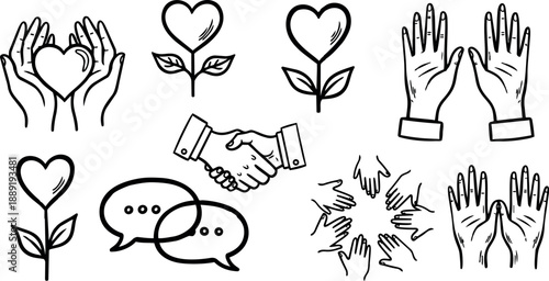Hand drawn line art icons of caring hands, heart plants, handshake and speech bubbles in monochrome set, flat lay landscape