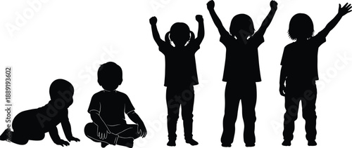 Child growth stages silhouette set showing baby toddler and kids development poses from crawling to standing isolated on white background vector illustration