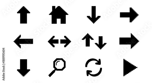 Solid Pixel Art Arrow and Navigation Icons Set including Home Search Refresh, in bright studio.