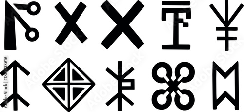Flat design twelve black glyph symbols in two rows abstract rune icons high contrast minimalist graphic on white vector set arranged