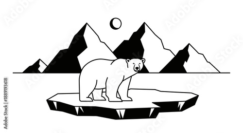Serene Polar Bear on Ice Floe with Mountains, Arctic Wildlife Landscape, Black and White Illustration