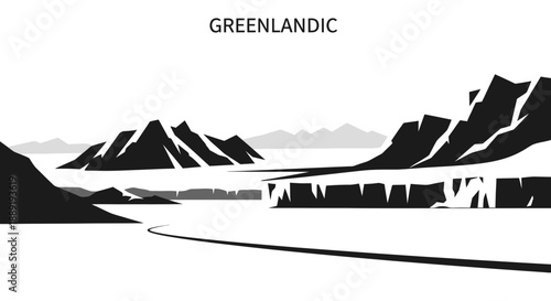 Stylized Greenlandic Landscape with Mountains and Fjord, Nordic Scenery, Black and White Illustration