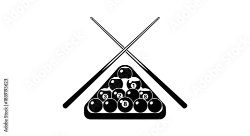 Billiard Rack with Fifteen Pool Balls and Crossed Cues Icon, isolated white background.