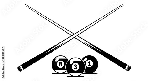 Crossed Billiard Cues and Three Pool Balls (Eight, One, Three) Icon, isolated white background.