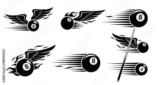 Dynamic Billiard Eight Ball with Wings and Motion Lines, Fast Pool Game Elements, Black and White