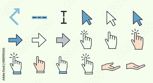 Vibrant UI UX Pointer and Hand Cursor Icons Set, Web Interaction Elements, Light Green Background