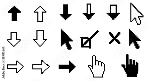 Extensive Pixelated Arrow and Cursor Icons Set, UI UX Pointer Elements, Black and White