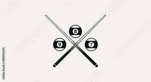 Crossed Billiard Cues with Eight Nine Seven Balls, Pool Game Elements, Light Grey Background