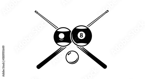 Crossed Billiard Cues and Two Pool Balls (Eight Ball, Cue Ball) Icon, isolated white background.