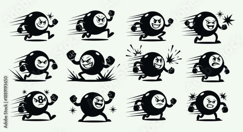 Energetic Black 8 Ball Billiard Characters Running and in Action Poses on Isolated White Background