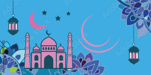 Vector illustration of the Taj Mahal in Agra India featuring iconic architecture and landmark mosque silhouettes for travel and religion design