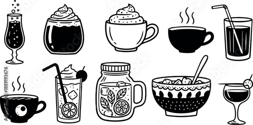 Black and white line art illustration of various hot and cold coffee and tea drinks with steam and straws arranged in simple minimalist style