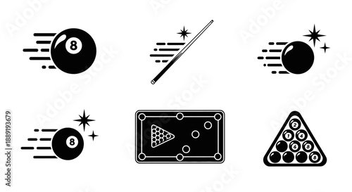 Classic Billiard Game Elements Vector Set, Black Eight Ball Pool Sports Equipment, Isolated White Background