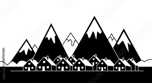 Peaceful Mountain Village Landscape Silhouette, Houses at Foothills, Black and White Illustration