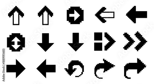 Pixel Art Arrow Cursors Set, Retro Gaming Navigation Icons, Black and White, Isolated White Background